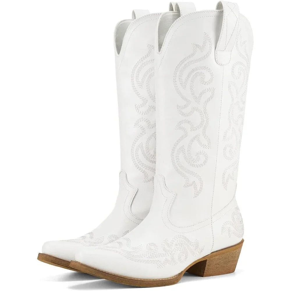 Women White Western Cowgirl Boots Snip Toe Mid-Calf Chunky Heel Ladies Shoe